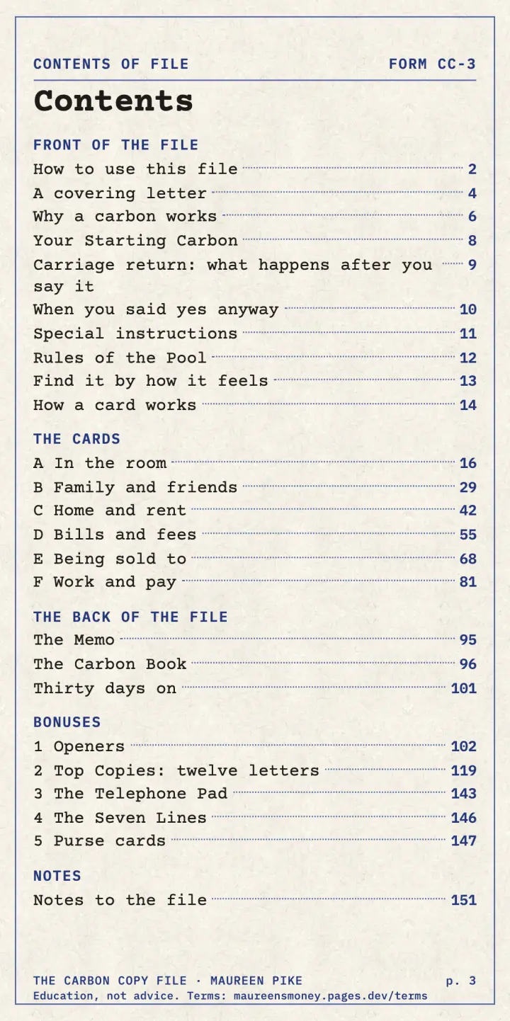 The contents page: six tabs, 36 cards and the extras at the back.