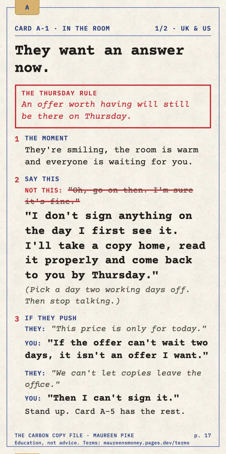 Card A-1, They want an answer now: the rule, the moment, what to say and the first push.