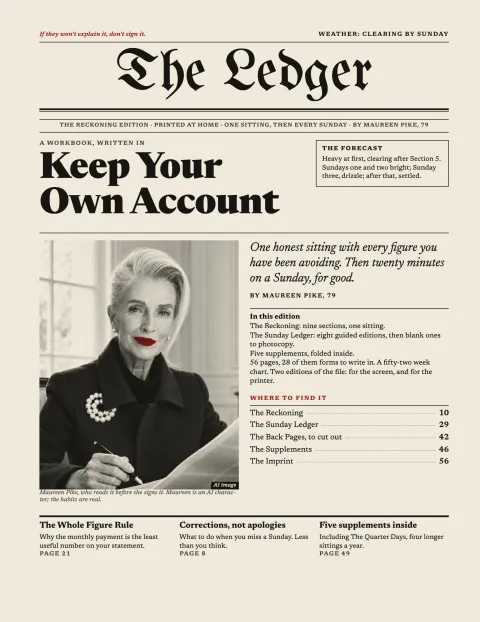 AI image of Maureen Pike, a fictional character, on the cover of Keep Your Own Account, set as the front page of The Ledger, the Reckoning Edition, in black and white with her lipstick in red.