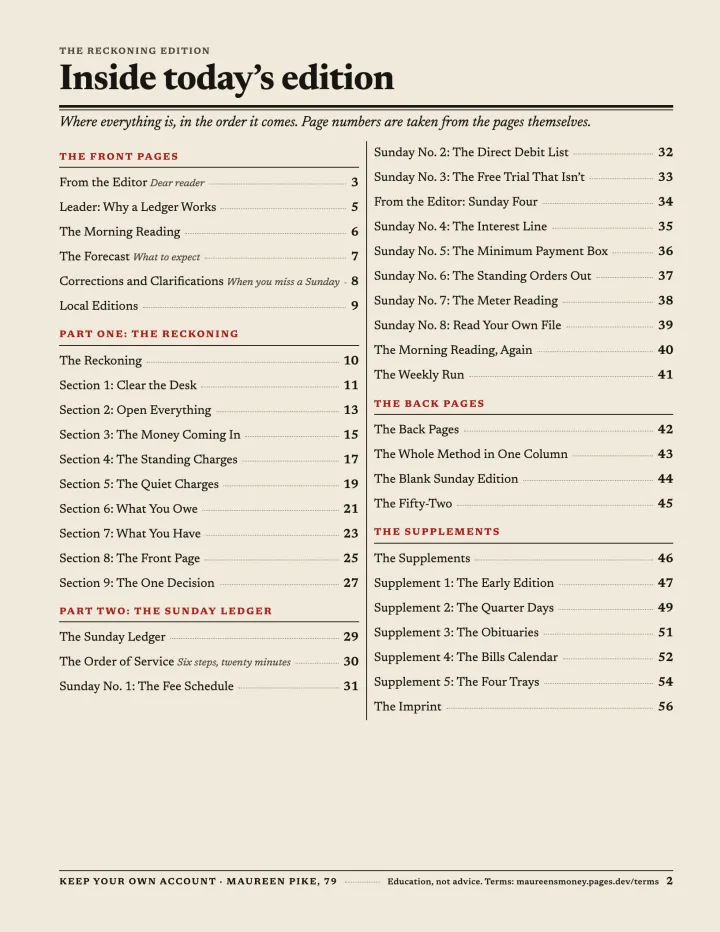 The contents page, set as a newspaper index headed Inside today’s edition.